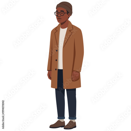 A cartoon man wearing glasses and a long brown coat stands alone.