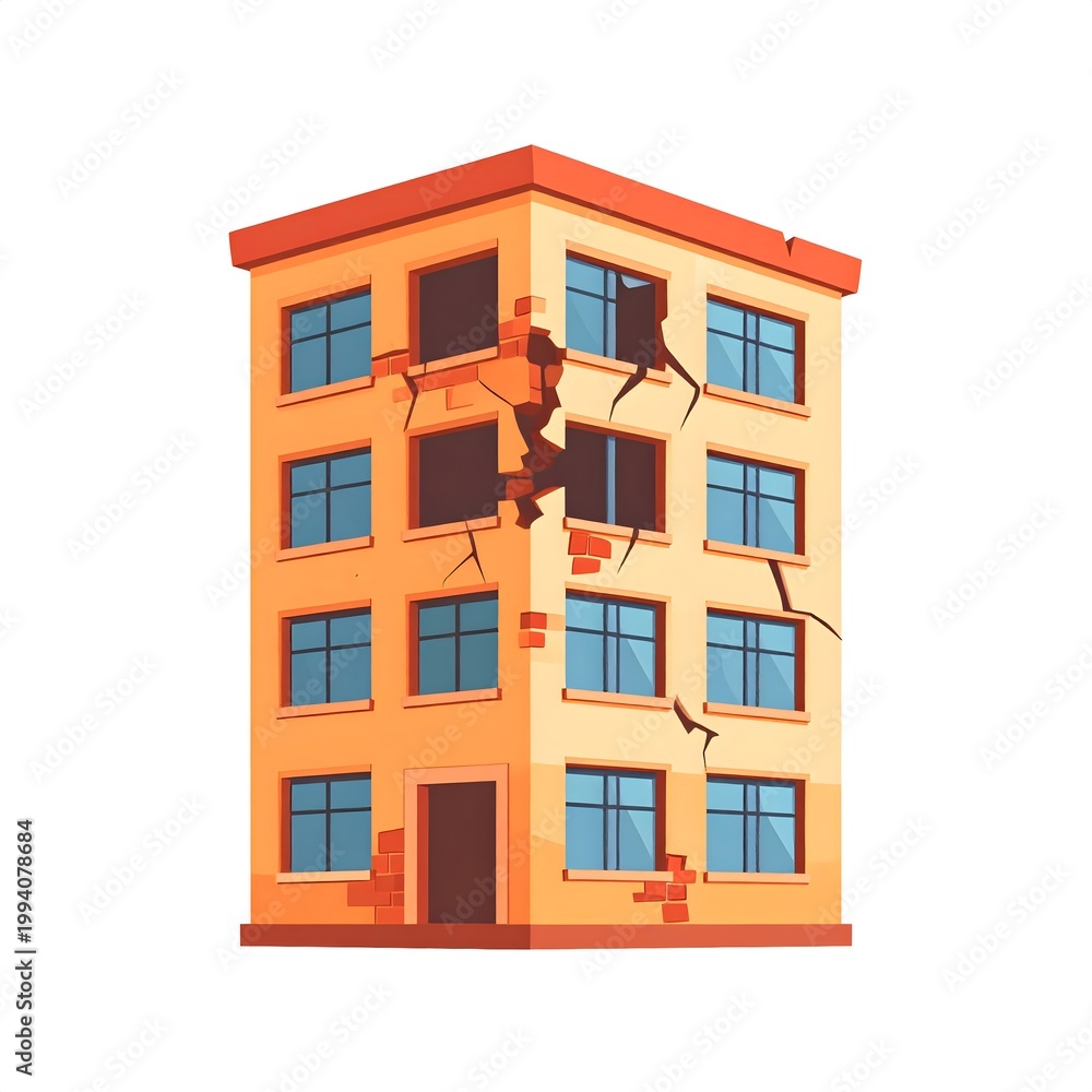 Obraz premium Damaged Blue Office Building Icon Representing Disaster and Destruction