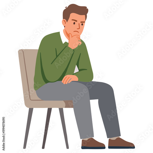 A man sits on a chair looking thoughtful and worried indoors
