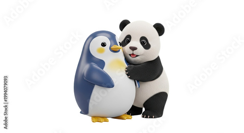 Cute Panda Hugging a Penguin