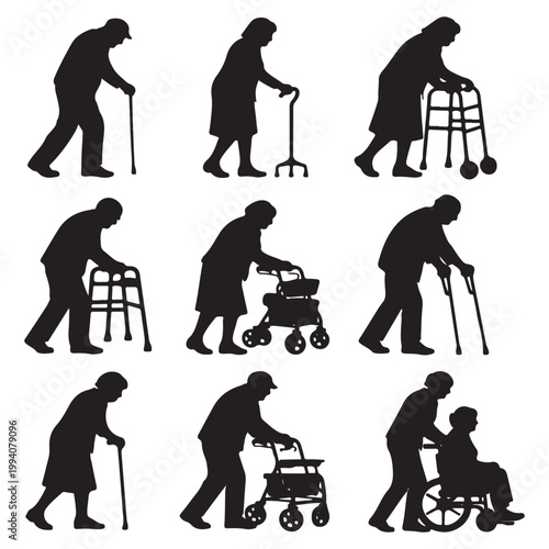 Elderly People Walking Aid Silhouettes – Senior Vector Collection