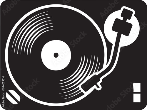 Vinyl record player, turntable icon, DJ equipment, music symbol, black and white
