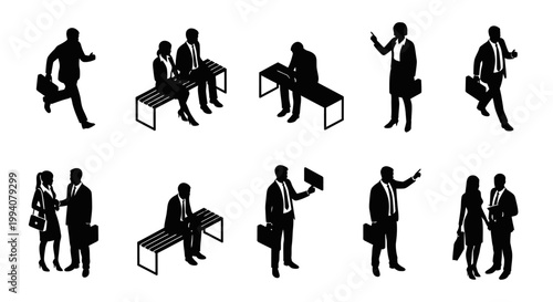 group of business people in silhouette working and interacting in professional settings
