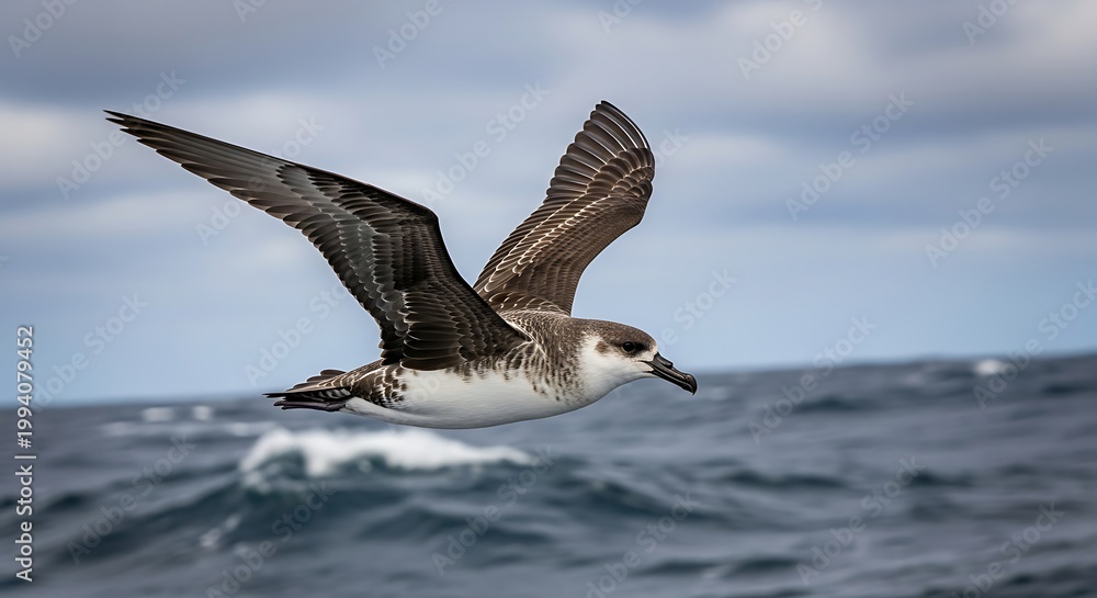 Fototapeta premium Seabird gracefully skimming low over ocean waves in flight