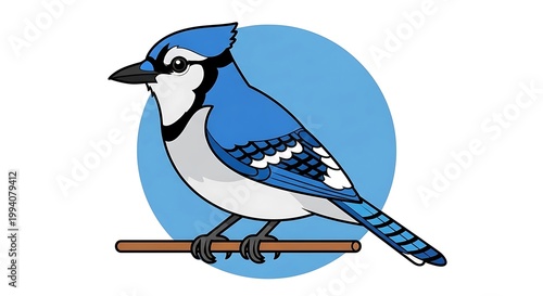 A blue jay perched on a colorful pencil against a blue background