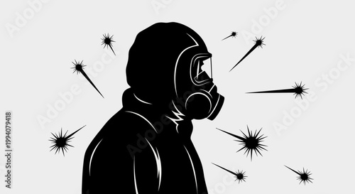 a person in a gas mask for protection from flying hazardous particles symbolizing airborne virus danger and public health safety