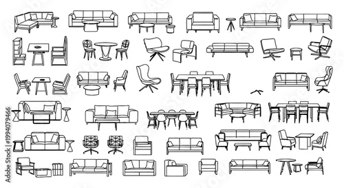 architectural furniture symbols set for interior design floor plans and CAD plans depicting modern sofas and tables.
