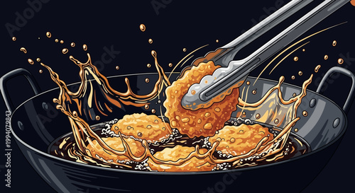 Dynamic deep frying food in wok with tongs illustration