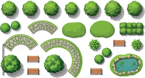 Landscape design elements top view, garden map creator with trees and bushes, architectural park planning vector set, stone paths and pond