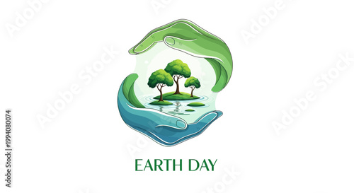 Illustrative vector promoting Earth Day features stylized hands protectively framing green trees on a small island, symbolizing environmental protection and the go green concept, set