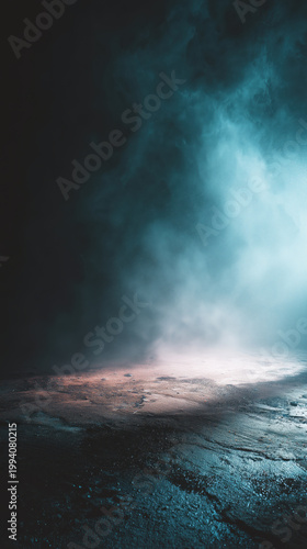 Misty Dark Cave with Blue Glow, Foggy Atmosphere and Deep Shadows