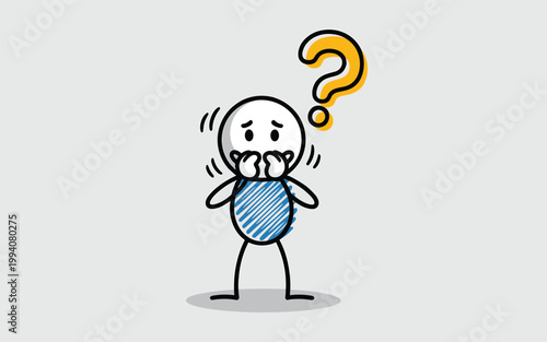 A worried cartoon character thinks deeply with a question mark above their head.