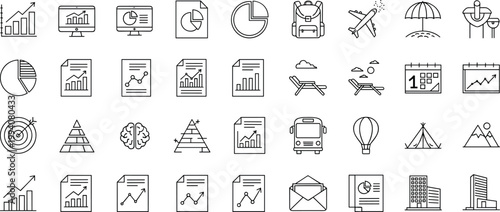 Minimal outline icon set featuring business analytics finance travel documents and lifestyle symbols for modern web and mobile interface design