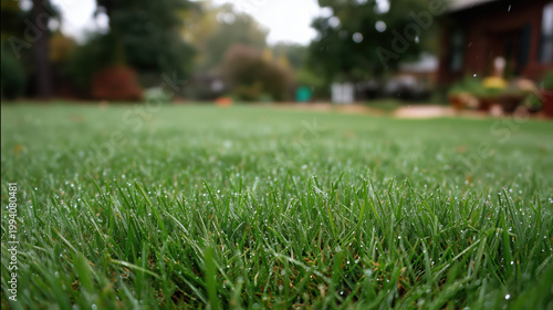 Fresh Wet Grass Lawn with Morning Dew and Blurred Garden Background in Green Outdoor Landscape
