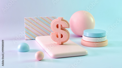 Pastel money symbol on podium with spheres and geometric shapes