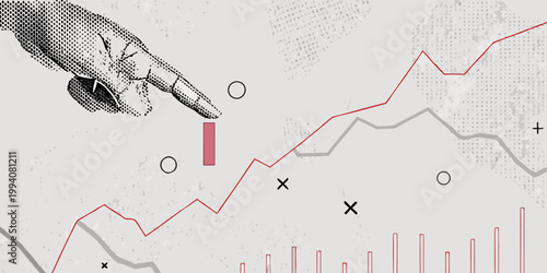 A hand points to a declining trend on a financial graph