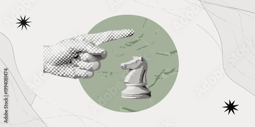 A pointing hand directs attention towards a white chess knight