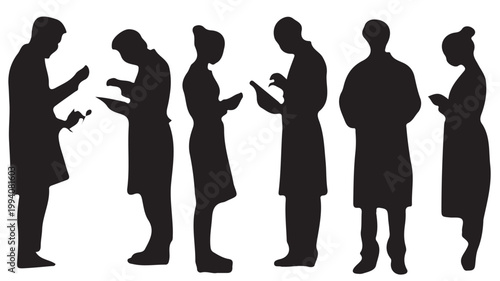 A collection of black silhouettes showing doctors, nurses, and office workers. Some are holding clipboards, some are walking quickly, and some are talking. This set is perfect for hospital news, busin