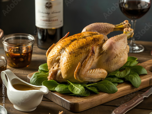 Roasted whole chicken served on a wooden board with wine and fresh spinach