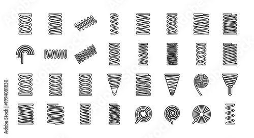 collection of various industrial springs and coils isolated on white background