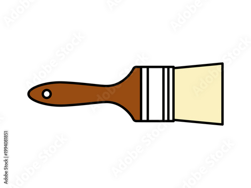 Flat lay of a paintbrush with a wooden handle and white and black stripes on a plain background.