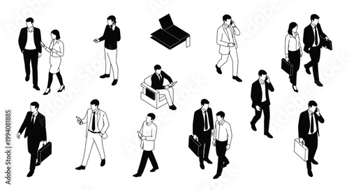 diverse isometric business people in black and white vector style