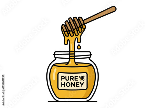 Illustration of a honey jar with a dipper dripping honey on a white background with a simple and colorful style.