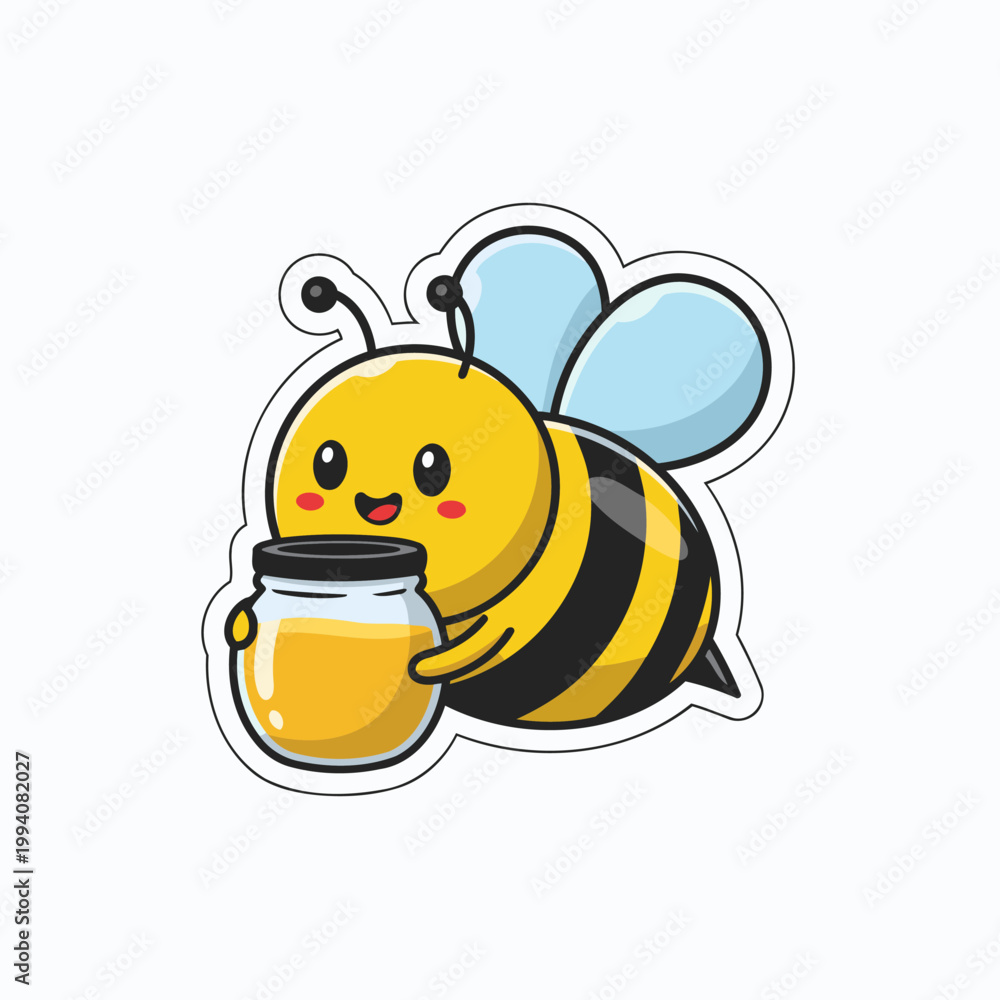 Obraz premium A cute bee holding honey dipper, flat vector mascot illustration.