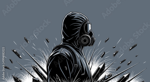 gas mask and hazmat suit clad figure stands amidst abstract exploding crystal shards depicting protection and danger.