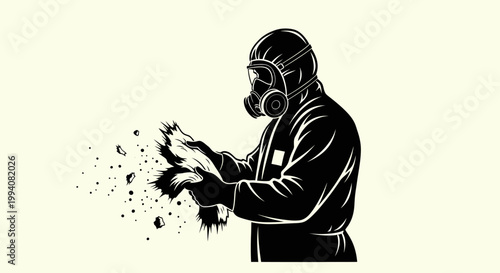 person in a protective hazmat suit carefully handling a crumbling hazardous organic material depicting biohazard and safety measures