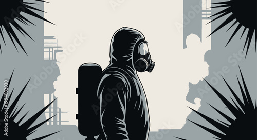 hazmat suit person wearing a gas mask observing industrial pollution and toxic waste in an environmental crisis zone