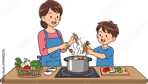 Mother and Child Cooking Together Illustration, Family Preparing Meal in Kitchen with Vegetables and Pot for Parenting, Home Activity, and Healthy Lifestyle Design