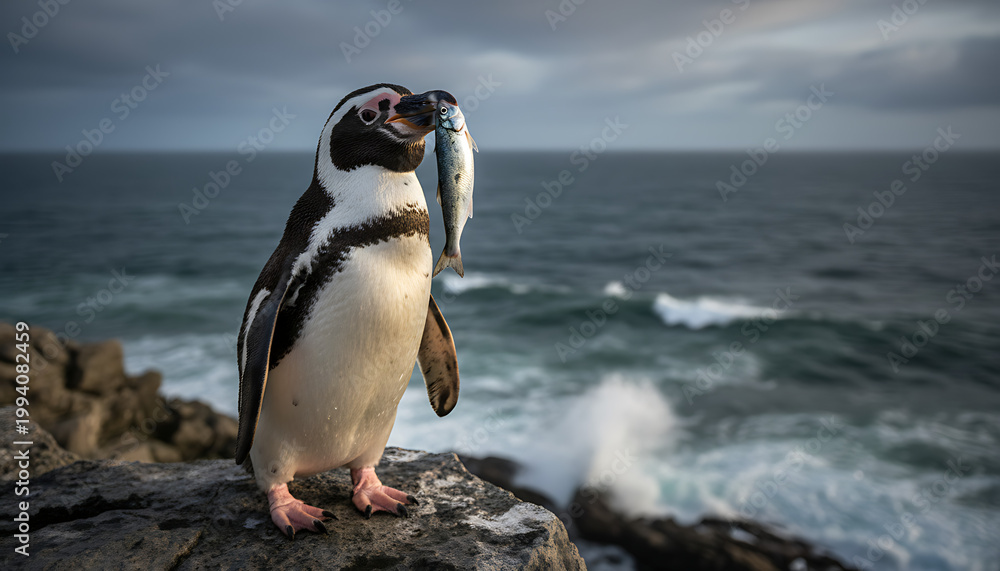 Obraz premium Penguin standing on rocky coast