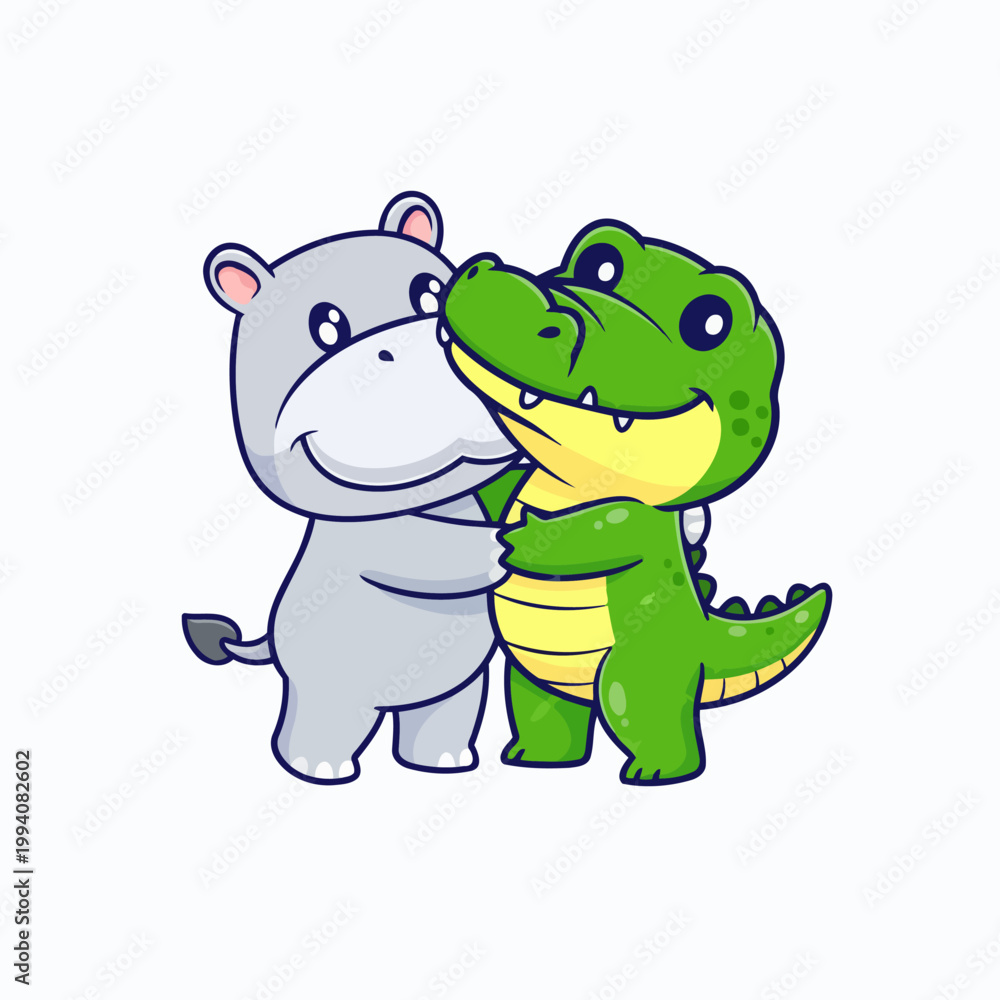 Fototapeta premium Cute of gray hippo and green crocodile are hug and smiling, flat vector mascot illustration.