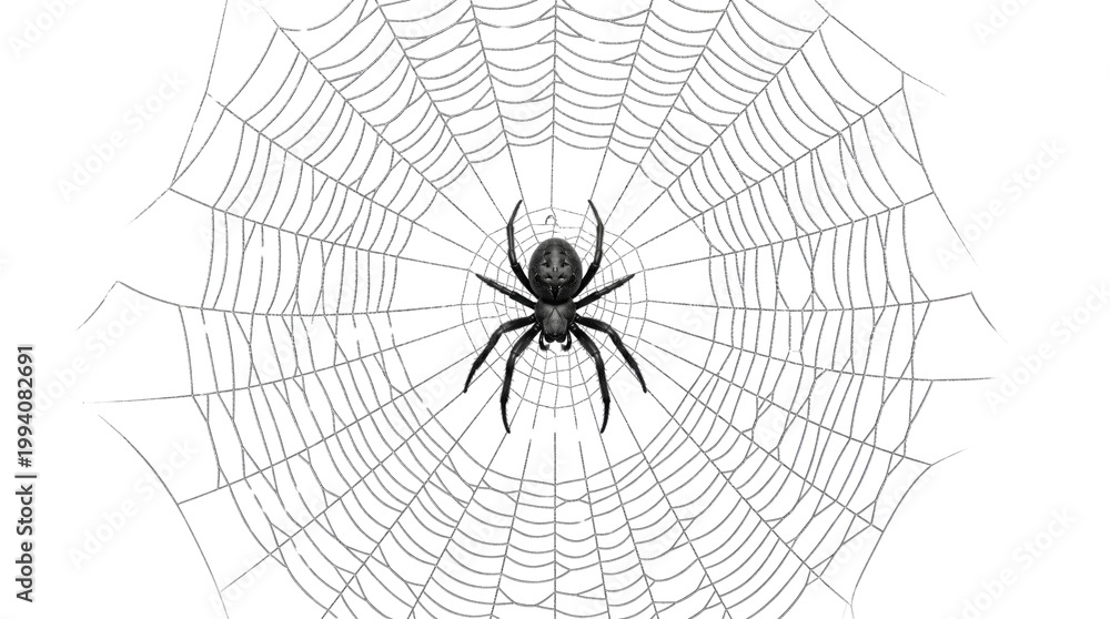 Obraz premium Large black spider resting in center of woven spiderweb