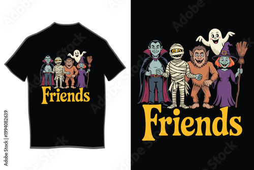 Cute Halloween Friends Cartoon Characters T-Shirt Design with Vampire Mummy Werewolf Witch and Ghost Illustration