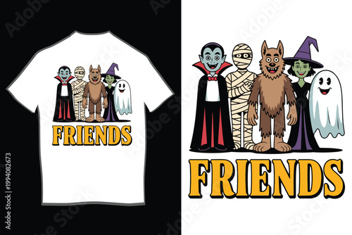 Cute Halloween Friends Cartoon Characters T-Shirt Design with Vampire Mummy Werewolf Witch and Ghost Illustration