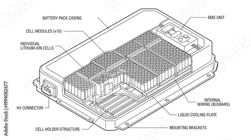 Diagram illustrating the internal components of a lithium-ion battery pack for electric vehicles