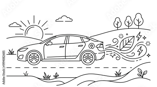 Electric car driving through a sunny landscape with clean energy