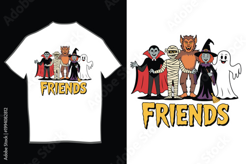 Cute Halloween Friends Cartoon Characters T-Shirt Design with Vampire Mummy Werewolf Witch and Ghost Illustration