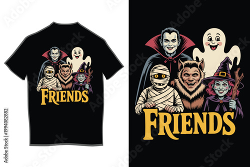 Cute Halloween Friends Cartoon Characters T-Shirt Design with Vampire Mummy Werewolf Witch and Ghost Illustration