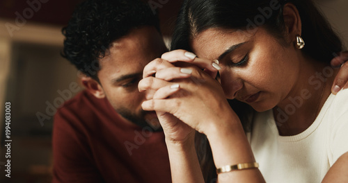Slika na platnu Empathy, man and support of woman with depression in home for comfort or consoling as couple