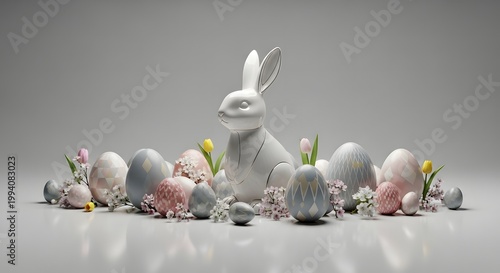 Easter still life with white bunny statue, pastel eggs, and spring flowers on gray background.