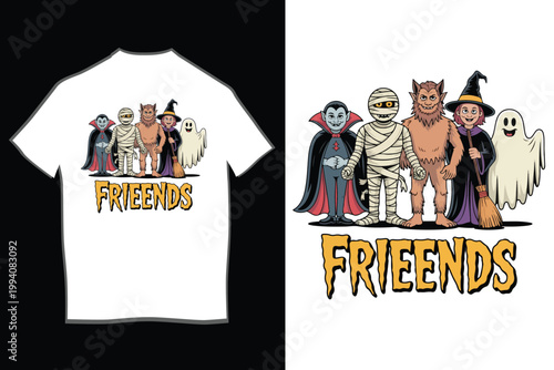 Cute Halloween Friends Cartoon Characters T-Shirt Design with Vampire Mummy Werewolf Witch and Ghost Illustration