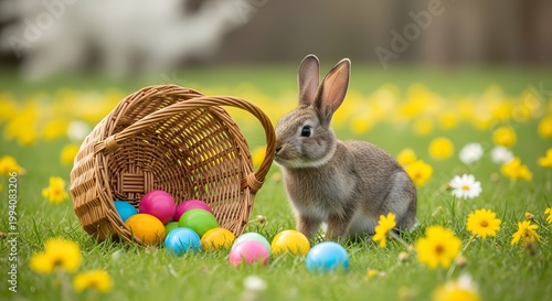Gray rabbit beside wicker basket with colorful Easter eggs on a spring meadow.