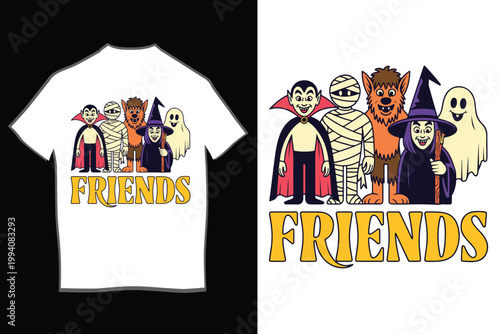 Cute Halloween Friends Cartoon Characters T-Shirt Design with Vampire Mummy Werewolf Witch and Ghost Illustration