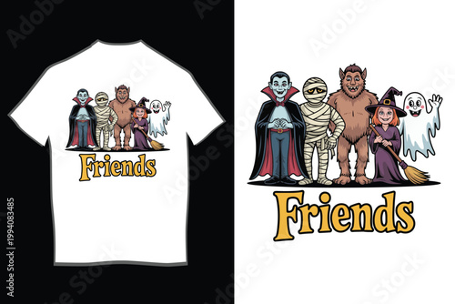 Cute Halloween Friends Cartoon Characters T-Shirt Design with Vampire Mummy Werewolf Witch and Ghost Illustration