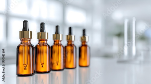 Serum Bottles in Laboratory: A close-up shot of several amber glass serum bottles, poised on a clean, laboratory work surface, creating a visual symphony of medical preparation and research.