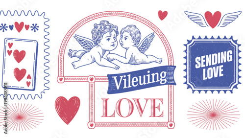 Vintage love-themed illustration featuring hearts, ribbons, and romantic symbols Vector
