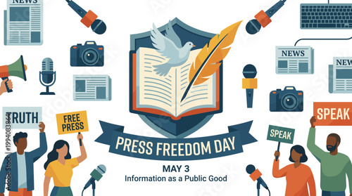 World press freedom day vector concept with central shield open book dove and crowd of diverse people holding protest signs demanding truth and independent media information.